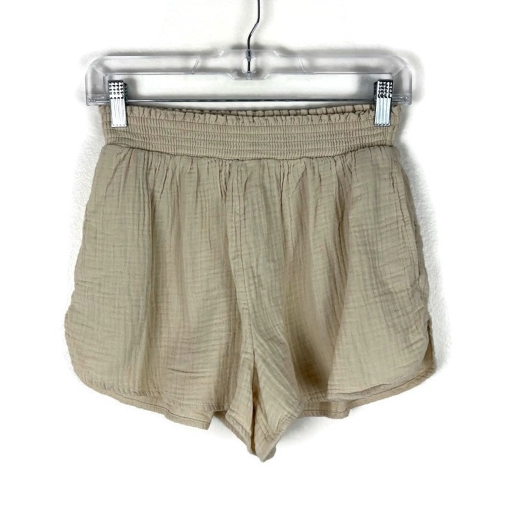 Aerie Textured Smocked Pull On Casual Beachy Shorts in Soft Oat